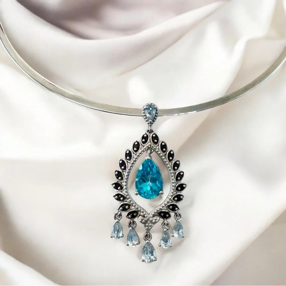 Swiss Blue Topaz|Aquamarine|Onyx Chandelier Sterling Silver Pendant - Picture 4 of 13